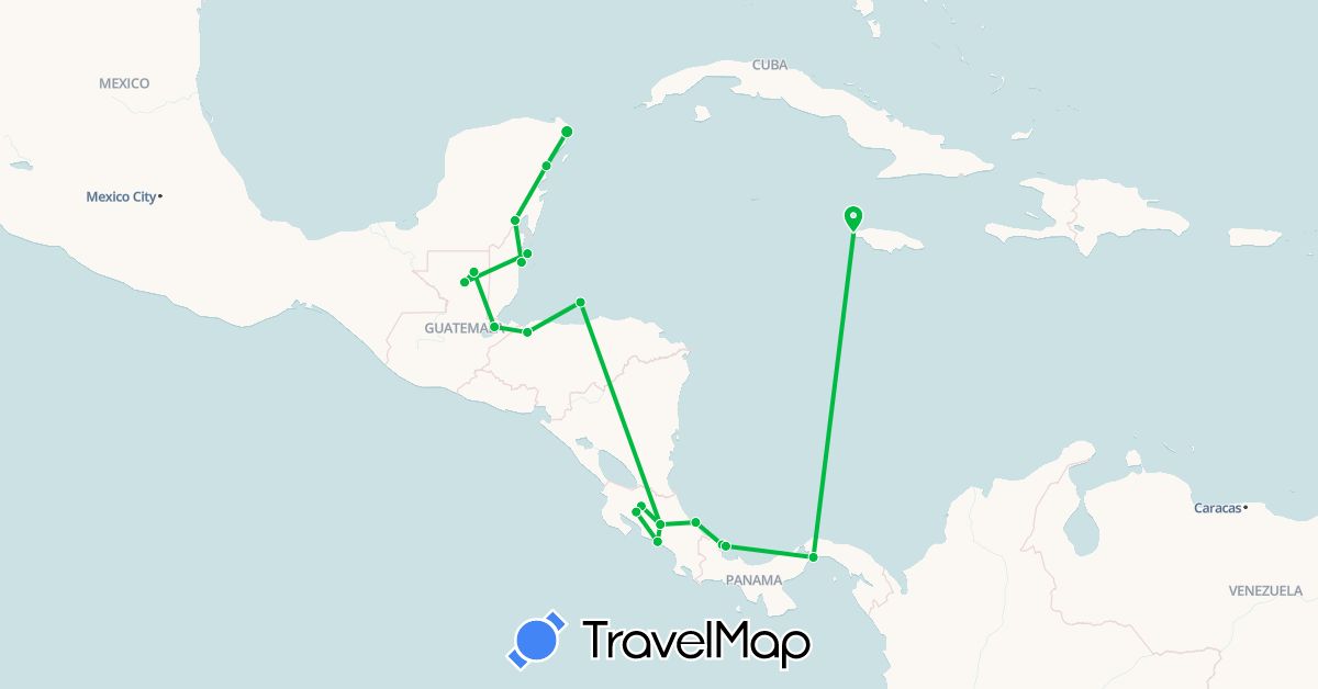 TravelMap itinerary: bus, plane in Belize, Costa Rica, Guatemala, Honduras, Jamaica, Mexico, Panama (North America)